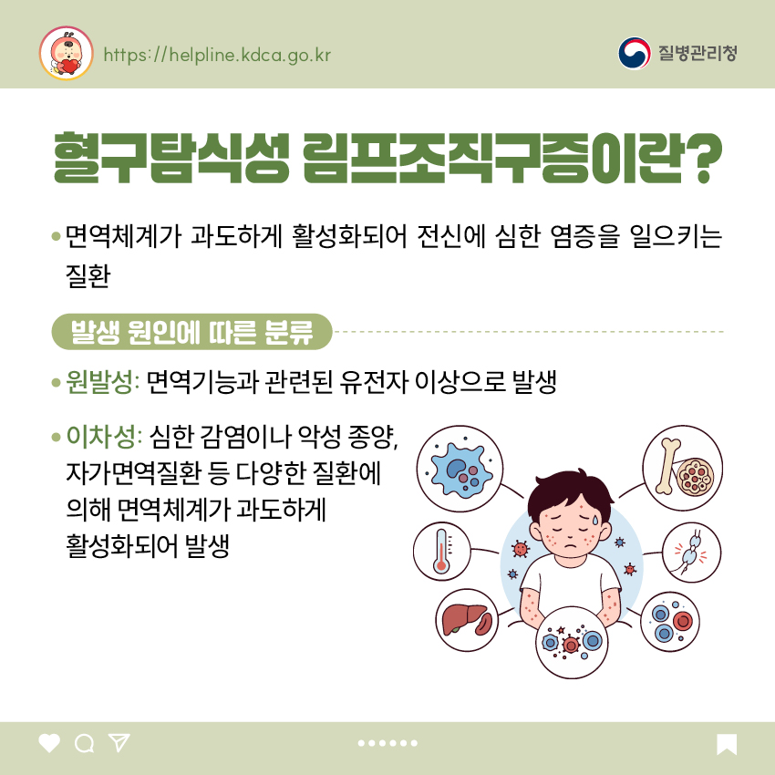 혈구탐식성 림프조직구증이란? - 면역체계가 과도하게 활성화되어 전신에 심한 염증을 일으키는 질환  [발생 원인에 따른 분류]  - 원발성: 면역기능과 관련된 유전자 이상으로 발생  - 이차성: 심한 감염이나 악성 종양, 자가면역질환 등 다양한 질환에 의해 면역체계가 과도하게 활성화되어 발생